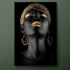 Black Gold Woman Canvas Wall Art, Gold Glitter Lip Girl Canvas Print, African Beautiful Woman Canvas Painting, Ready to Hang