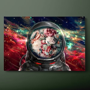Floral Astronaut Canvas Wall Art, Nasa Astronaut Canvas Print, Flower Spaceman Canvas Painting, Ready to Hang