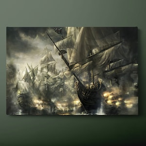 Vintage Battleship Canvas Wall Art, Pirate Ship Canvas Print, Sailing Boat Canvas Painting, Ready to Hang