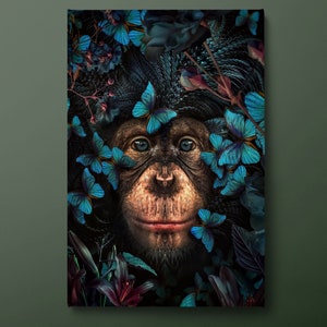 Blue Eyes Monkey Canvas Wall Art, Animal Canvas Print, Monkey with Blue Butterflies Canvas Painting, Ready to Hang