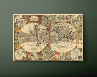 Vintage World Map Canvas Wall Art, Vintage Map of the World Canvas Print, Geographic World Map Canvas Painting, Ready to Hang