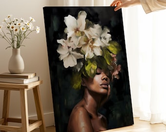 Floral Head Canvas Art: Woman with White Flowers, Ready to Hang