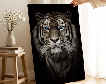 Blue Eyed Tiger Canvas Print, Animal Portrait Wall Art, Wildlife Home Decor