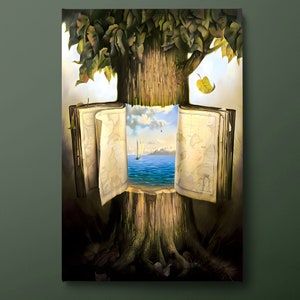 Arte mural en lienzo de biblioteca surrealista, impresión en lienzo de Book Dam, pintura abstracta en lienzo de biblioteca, lista para colgar