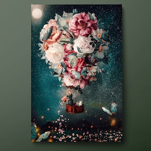 Floral Air Balloon Canvas Wall Art, Flower Hot Air Balloon Canvas Print, Surreal Balloon Canvas Painting, Ready to Hang