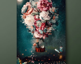 Floral Air Balloon Canvas Wall Art, Flower Hot Air Balloon Canvas Print, Surreal Balloon Canvas Painting, Ready to Hang