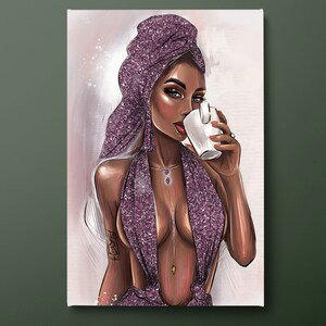 Purple Glitter Canvas Wall Art, Black Woman Canvas Print, Woman Drinking Coffee Canvas Painting, Ready to Hang