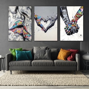 3 Pieces Graffiti Banksy Canvas Wall Art, Banksy Street Canvas Print, Kissing and Hands Graffiti Canvas Painting, Ready to Hang