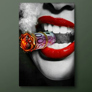 Red Lips Canvas Wall Art, Money Cigar Between Lips Canvas Print, Woman Lips Canvas Painting, Ready to Hang