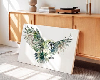 Lámina de búho en acuarela, arte mural de animales del bosque, ilustración de la naturaleza.