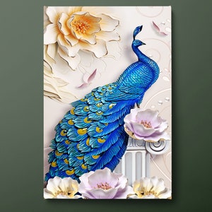 Peacock Canvas Wall Art, Peacock and Flowers Canvas Print, Blue Peacock Animal Canvas Painting, Ready to Hang