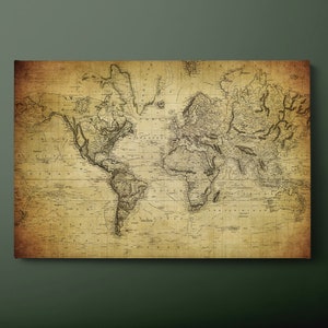 Vintage wereldkaart canvas muurkunst, vintage kaart van de wereld canvas print, geografische wereldkaart canvas schilderij, klaar om op te hangen