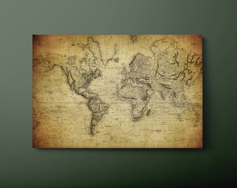 Vintage World Map Canvas Wall Art, Vintage Map of the World Canvas Print, Geographic World Map Canvas Painting, Ready to Hang