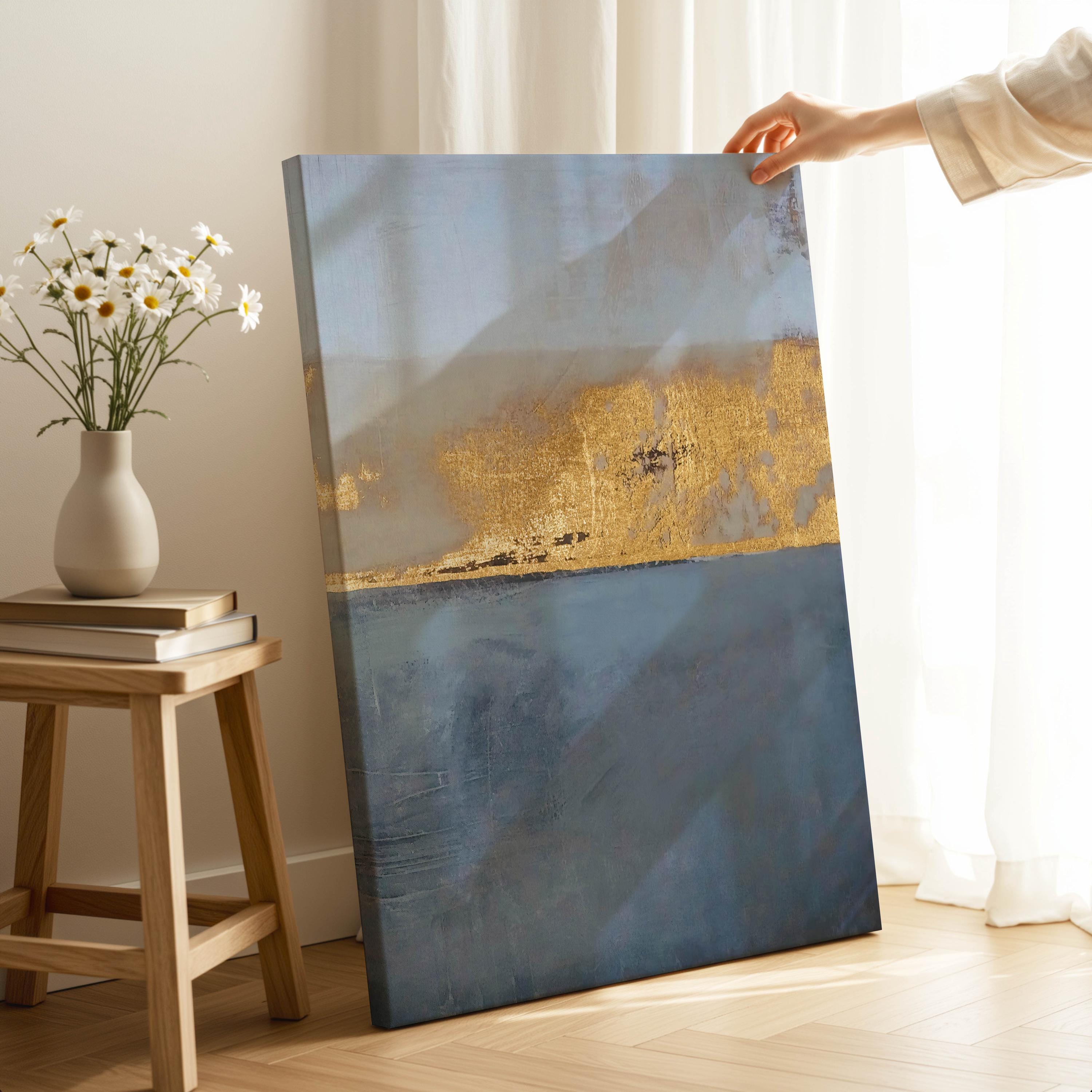 Abstract Gold Leaf Canvas Art, Blue Gray Wall Decor, Modern Textured ...