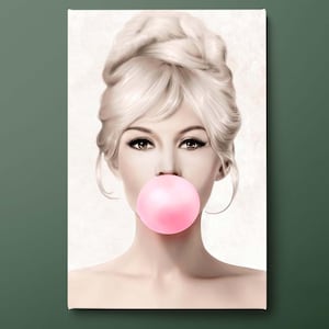 Blonde Woman Bubble Gum Canvas Wall Art, Pop Art Portrait Canvas Print, Modern Retro Canvas Wall Decor, Ready to Hang