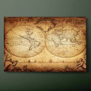 Vintage wereldkaart canvas muurkunst, vintage kaart van de wereld canvas print, geografische wereldkaart canvas schilderij, klaar om op te hangen