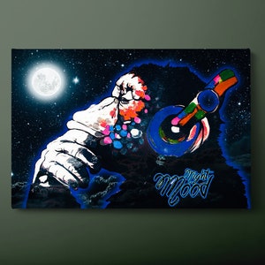 Banksy Monkey Canvas Wall Art, Musical Neon Monkey Canvas Print, Stars and Moon Canvas Painting, Ready to Hang