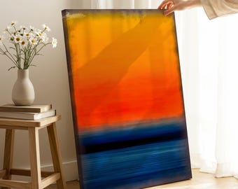Lienzo con estampado abstracto de puesta de sol, arte de pared en naranja y azul, decoración moderna para el hogar.
