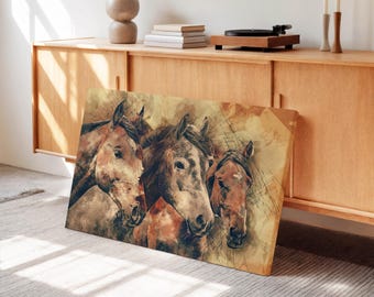 Quadro su tela con tre cavalli: stampa equestre rustica, pronta da appendere
