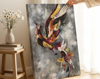 Mythologischer Phoenix Vogel Leinwand Kunst Feurige Flügel, Fantasy Geschöpf Wanddruck, lebendige Vogel Kunstwerk