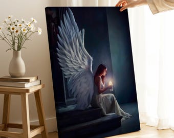 Angel Wings Canvas Art: Surreal Woman with Candle, Ready to Hang