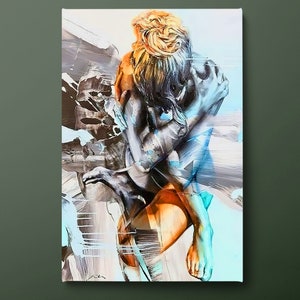 Abstract Woman Canvas Wall Art, Black Orange Female Canvas Print, Abstract Girl Canvas Painting, Ready to Hang