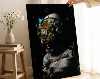 Blommig astronaut-canvastavla: Modern rymdväggkonst