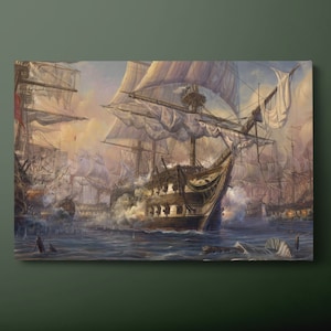 Battle Ship Canvas Wall Art, Pirate Ship Canvas Print, Sailing Boat Naval Battle Canvas Painting, Ready to Hang