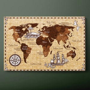 Vintage wereldkaart canvas muurkunst, vintage kaart van de wereld canvas print, geografische wereldkaart canvas schilderij, klaar om op te hangen