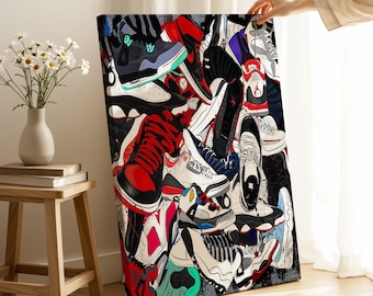 Lienzo con estampado de zapatillas de graffiti: estampado de zapatillas colorido, listo para colgar