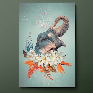 Elephant Canvas Wall Art, Flowers Canvas Print, Animal and Flowers Canvas Painting, Ready to Hang