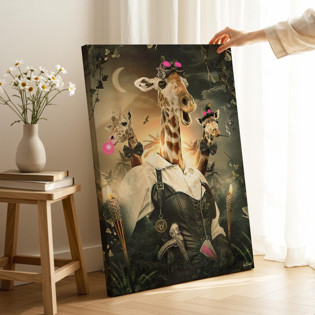 Funny Giraffes Canvas Print Surrealist Art, Playful Animal Wall Picture ...