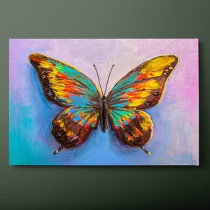 Stampa su tela con farfalle colorate, stampa su tela con animali, dipinto su tela rosa, blu, verde e giallo, pronto da appendere.