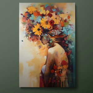 Woman in Flowers Canvas Wall Art, Floral Woman Canvas Print, Floral Beautiful Female Canvas Painting, Ready to Hang