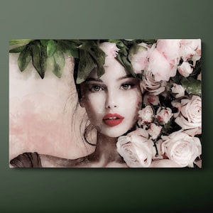 Flower in Woman Head Canvas Wall Art, Floral Female Canvas Print, Beautiful Woman in Flowers Canvas Painting, Ready to Hang