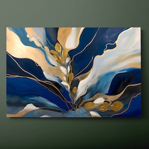 Blue Gold Abstract Marble Canvas Wall Art, Blue Gold Marble Canvas Print, Abstract Marble Canvas Painting, Ready to Hang