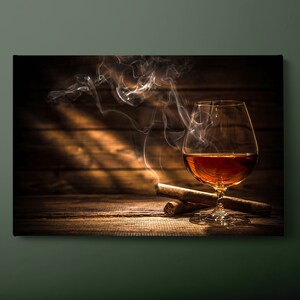 Whiskey and Cigar Canvas Wall Art, Bourbon and Cigar Smoke Canvas Print, Bourbon Bar Canvas Painting, Ready to Hang