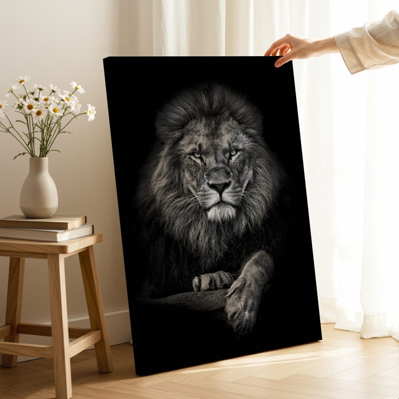 Majestic Lion Canvas Art, Black Background Animal Wall Art Prints, Wildlife Office & Home Decor image 1