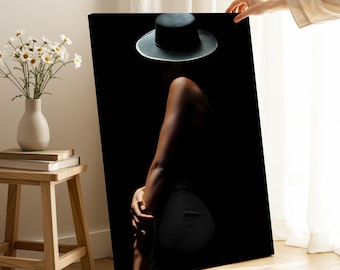 Black and White Woman with Fedora Hat: Modern Canvas Wall Art