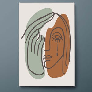 Lienzo de arte de pared con líneas de rostro abstracto, impresión minimalista moderna, decoración figurativa contemporánea, listo para colgar.