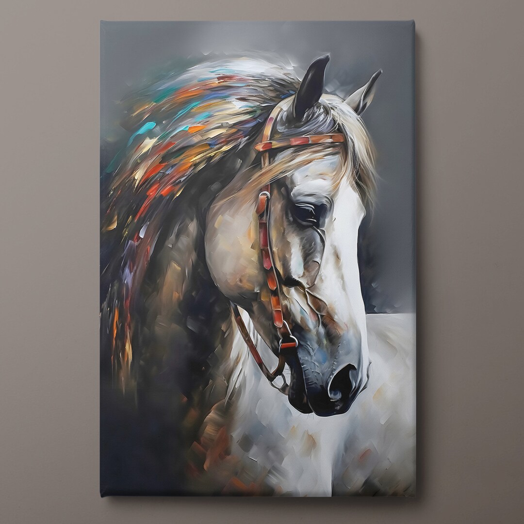 Horse Canvas Wall Art, White Horse Canvas Print, Animal Canvas Painting