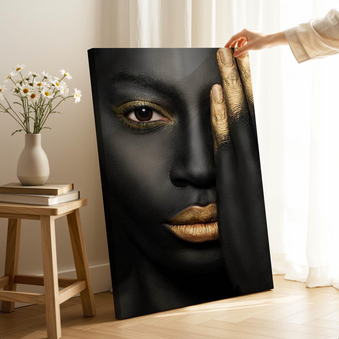 Black and Gold Glam Face Canvas Wall Art: Modern Abstract Portrait - Etsy