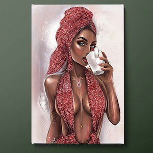 Red Glitter Woman Canvas Wall Art, Black Woman Canvas Print, Woman Drinking Coffee Canvas Painting, Ready to Hang