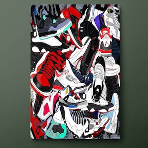 Graffiti Sneakers Canvas Wall Art, Colorful Shoes Canvas Print, Red Black White Blue Canvas Painting, Ready to Hang