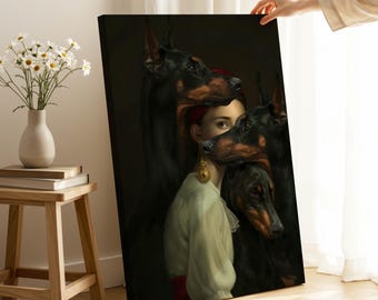 Doberman Dogs and Woman Portrait Canvas Print, Dark Academia Wall Art