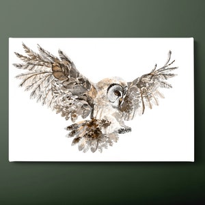 Flying Owl Canvas Wall Art, Night Owl Canvas Print, Double Exposure Canvas Painting, Ready to Hang