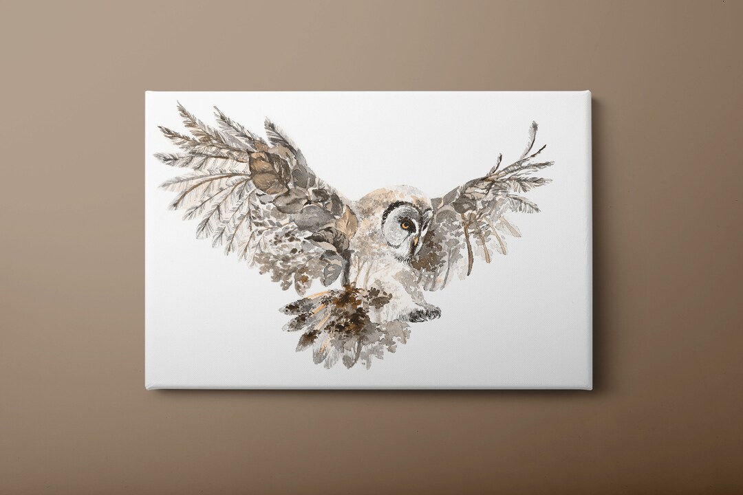 Flying Owl Canvas Wall Art, Night Owl Canvas Print, Double Exposure