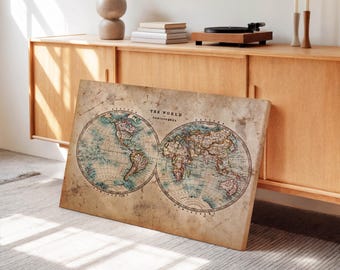 Vintage World Map Canvas Print: Large Earth Map Wall Art