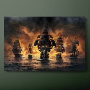 Battle Ship Canvas Wall Art, Sailing Ship Canvas Print, Pirates Ship Naval Battle Canvas Painting, Ready to Hang