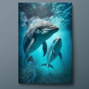 Dolphin Duo Ocean Canvas Wall Art, Marine Life Canvas Print, Underwater Sea Canvas Wall Decor, Ready to Hang